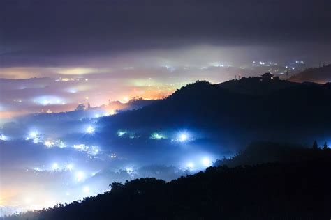 Landscapes Night Lights Hills Towns Cities Haze Fog