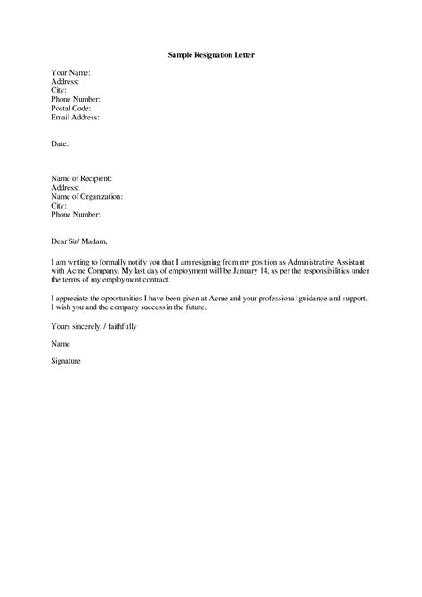 Resignation Letter Sample Free Printable Documents