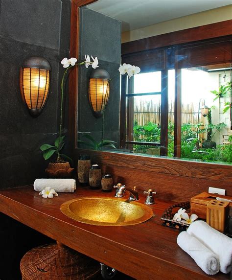 Balinese Bathroom Design With Natural Nuance Large Mirror And Black