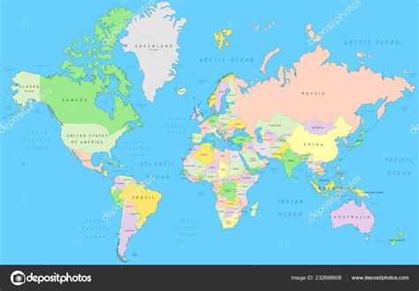 Political World Map Vector Detail Atlas Mercator Projection Stock