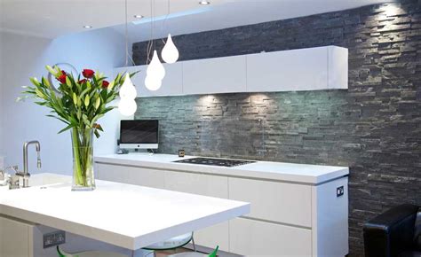 White Kitchen Cabinets With Stacked Stone Backsplash
