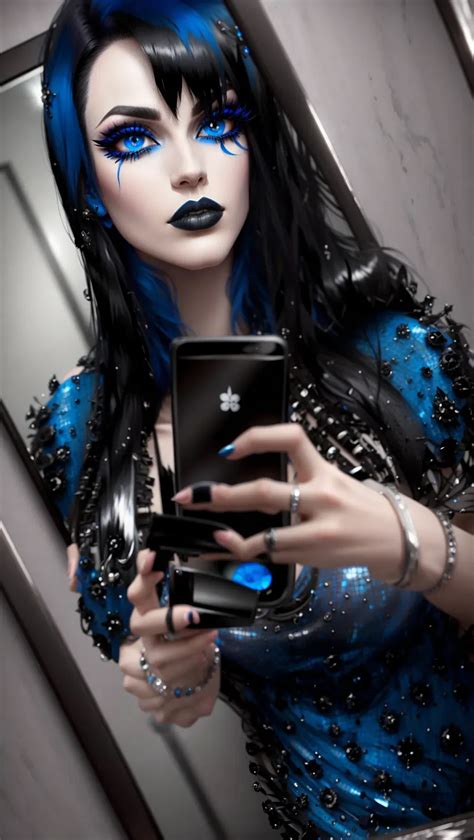 Dopamine Girl Black Hair Mirror Selfie Eyeliner Eye Shadow Big Blue Eyes Emo Hair
