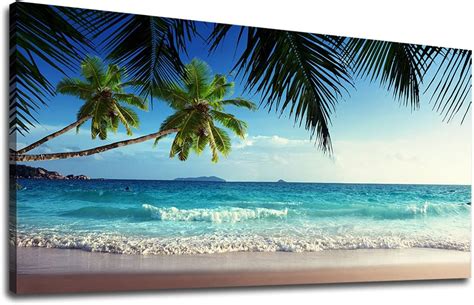 Canvas Wall Art Beach Waves With Palm Tree Nature Pictures Large