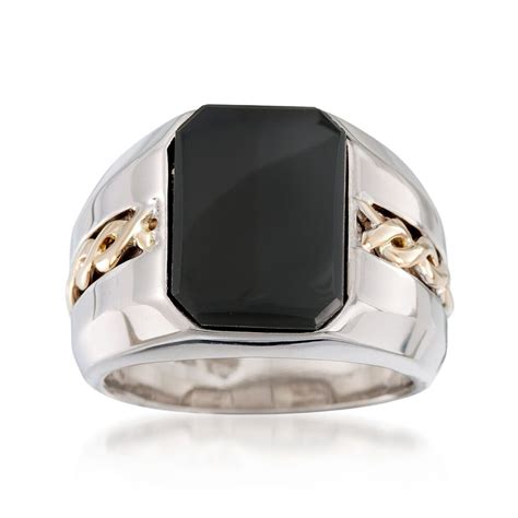 Mens Black Onyx Ring In Sterling Silver And 14kt Yellow