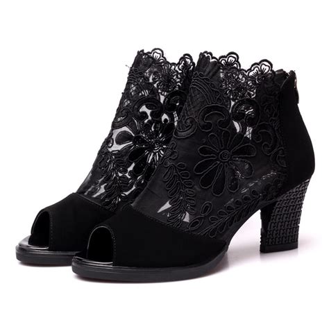 Buy Women Fashion Pumps Summer Peep Toe Thick Heel Sexy Lace Mesh Casual Sandals At Affordable