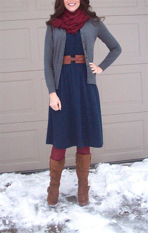 Red Tights Navy Dress Gray Sweater Brown Belt And Brown Boots