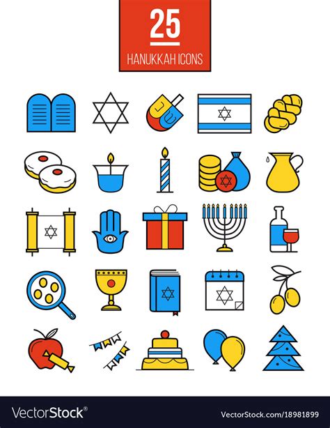 Bright Hanukkah Line Icons Set Royalty Free Vector Image