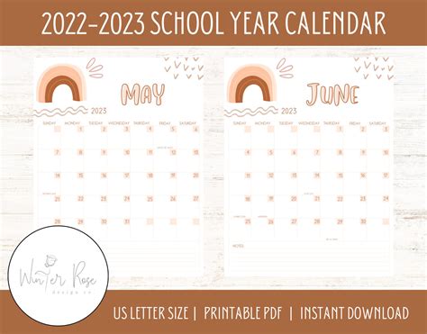 2022 2023 School Year Calendar Rainbow Rose Printable Pdf Etsy