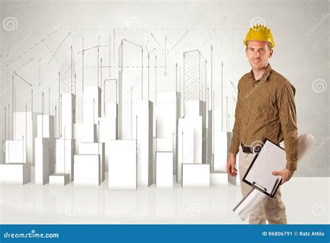 Construction Worker Planing With 3d Buildings In Background Stock Image