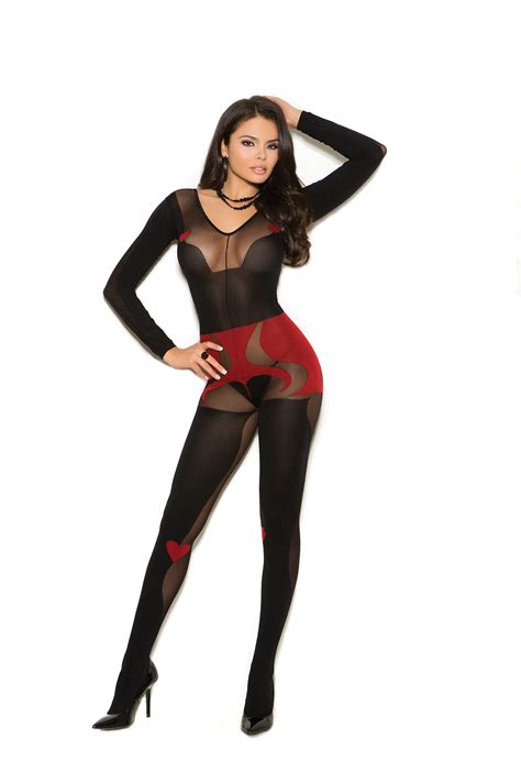 Long Sleeve Sheer And Opaque Bodystocking With Heart Detail And Open Crotch