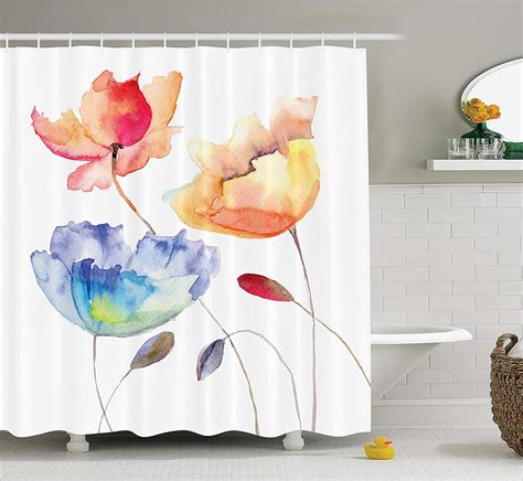 Watercolor Flower Decor Shower Curtain Set Summer Flowers In Retro