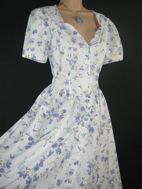 Laura Ashley Vintage Summer White Periwinkle Tea Dress Uk Tea