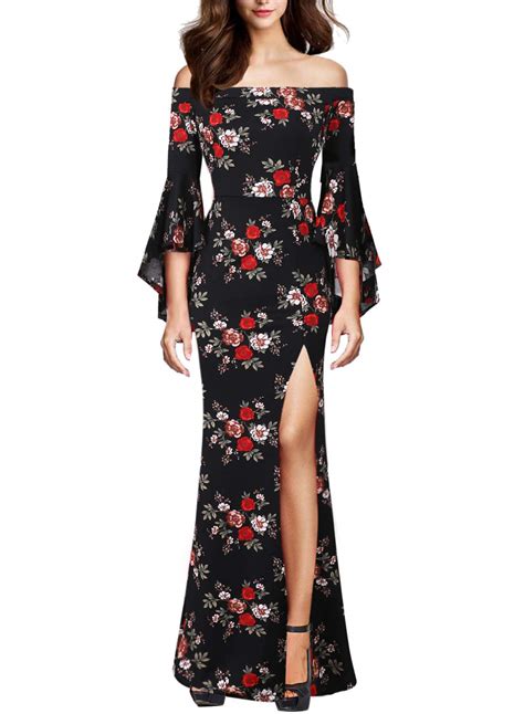 Vfshow Womens Black Mulit Floral Print Off Shoulder Ruffle Bell Sleeve High Split Casual Formal