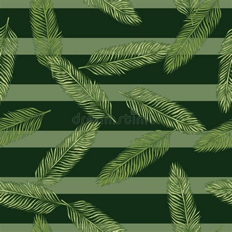 Palm Leaves Seamless Pattern Tropical Branch In Engraving Style Stock