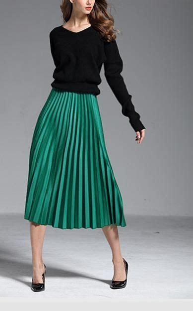 New Green Metallic Pleated A Line Midi Length Women Metalic Skirt