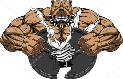 Vector Illustration Of A Strong Pitbull With Big Biceps Break Barbell