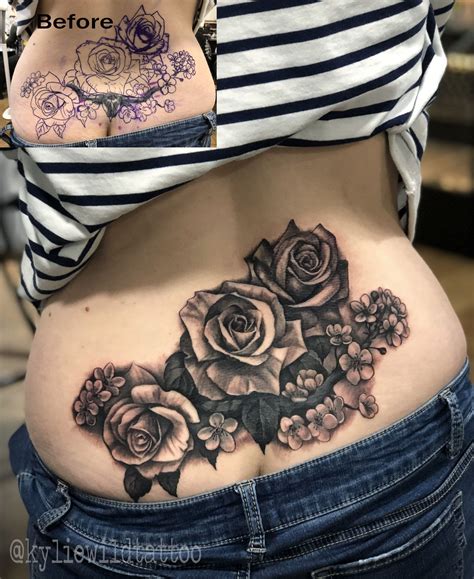 Tramp Stamp Lower Back Cover Up Tattoo With Roses And Cherry Blossoms