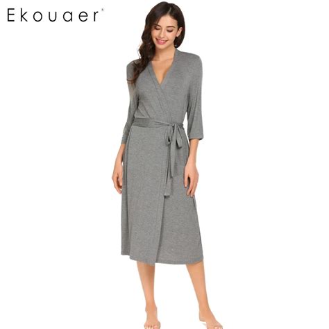 ekouaer long womens robe 3 4 sleeve solid loose v neck self belt bathrobe night sexy robes night