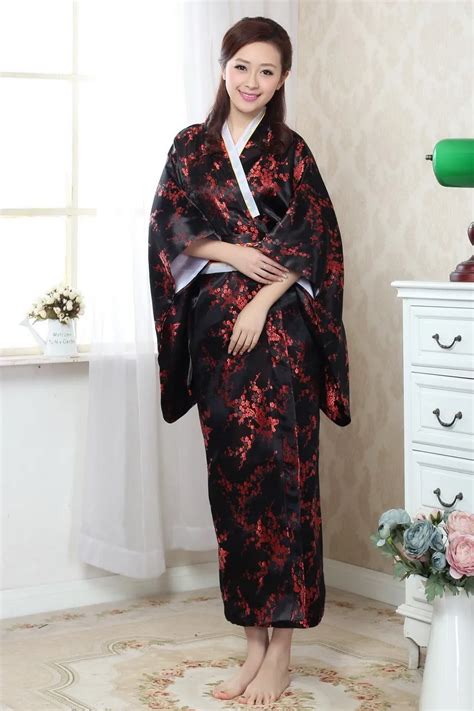 black red japanese women silk satin yukata kimono with obi classic party evening dress novelty