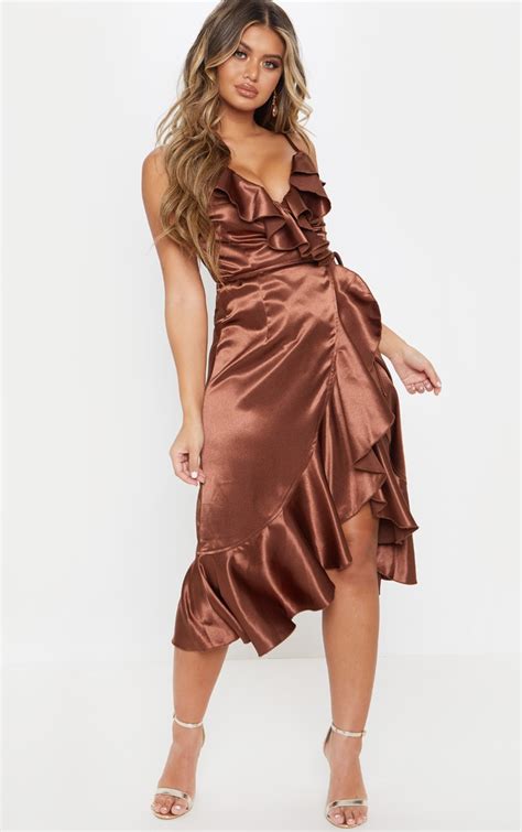 Chocolate Brown Satin Frill Wrap Midi Dress Prettylittlething Usa