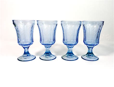 4 Vintage Water Glasses Goblets Blue Glasses Four Heavy Glasses W