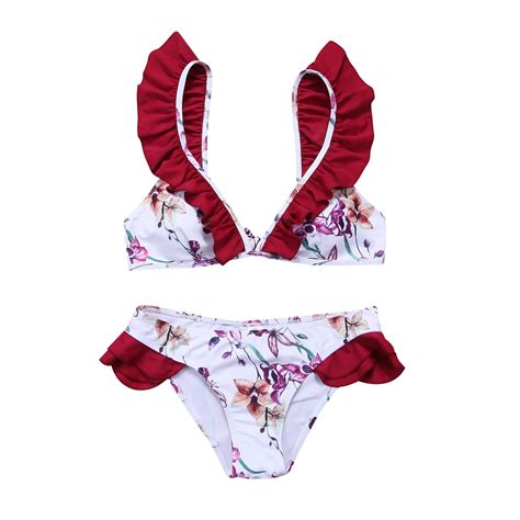 Hot Floral Print Women Ruffles Bikini Set Bathing Suit Bandage Push Up Padded Monokini Swimwear