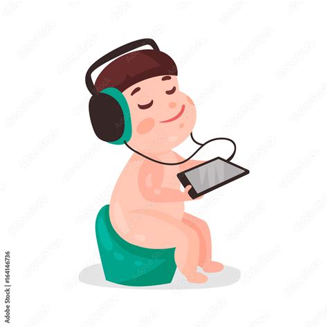 Cute Cartoon Naked Babe Babe Sitting On A Pot And Listening Music With Headphones Colorful