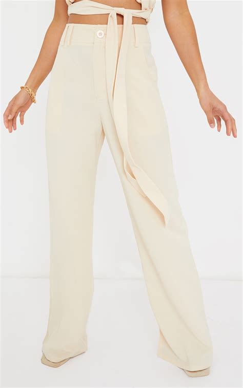 Petite Cream High Waisted Pocket Detail Trousers Prettylittlething Ksa