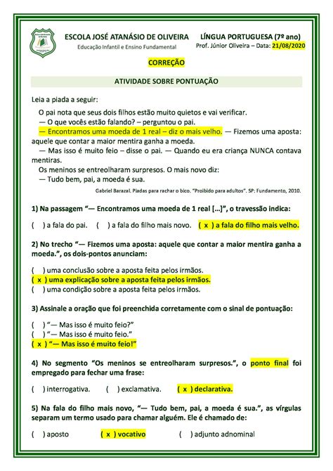 Atividades Com Sinais De Pontuação 4o Ano Com Gabarito