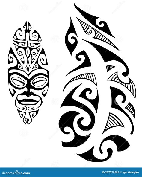 Maori Tiki Tattoo Set Of Labels And Elements Vector Set Illustration