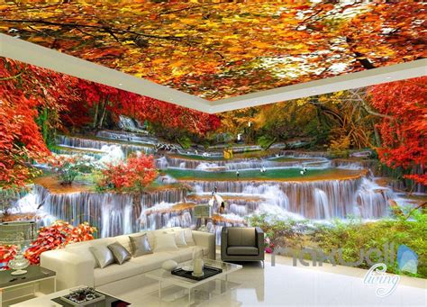 3d Red Forest Waterfall Entire Room Wallpaper Wall Mural Art Prints Id Idecoroom