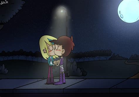 an animated image of two people kissing in front of a full moon and
