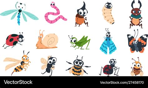 Funny Bugs Cartoon Cute Insects With Faces Vector Image