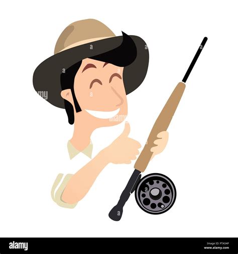 Fisherman With Fly Fishing Rod And Thumb Up Funny Vector Illustration