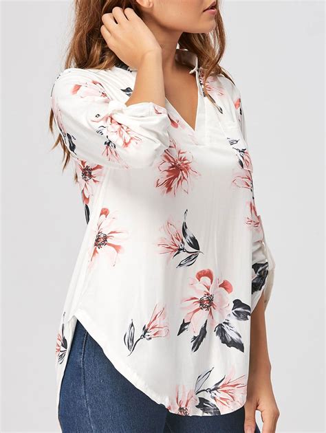 white xl floral print v neck blouse