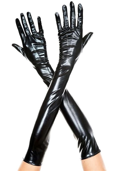 Womens Black Faux Patent Leather Extra Long Gloves Costume Gloves
