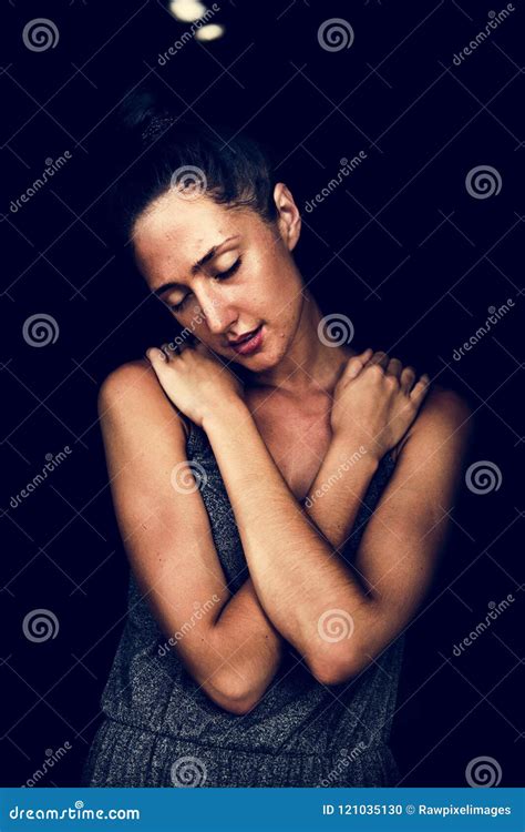 Closeup Lonely Woman Hugging Herself Stock Photo Image Of Depression Black
