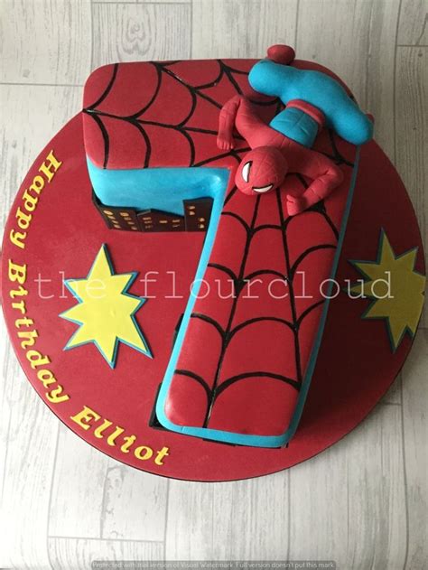 A number 7 birthday cake with an awesome Spiderman theme. | 7th