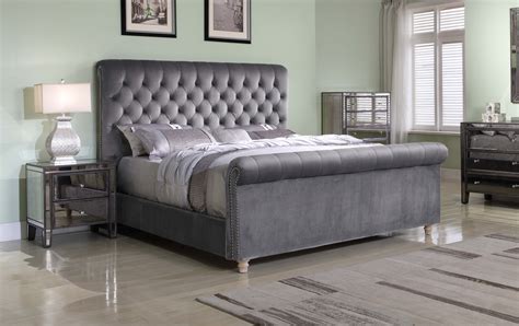 Best Master Furniture Jean Carrie Upholstered Sleigh Bed Queen Grey Velvet