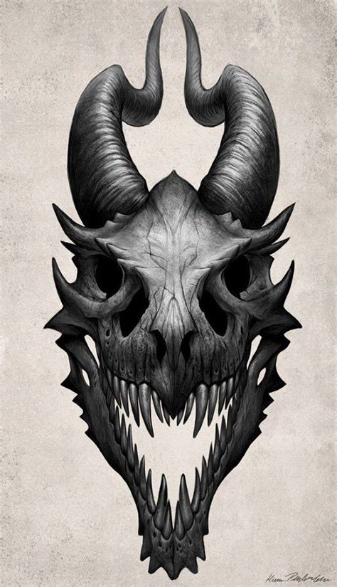 A Drawing Of A Demon Skull With Horns And Fangs On Its Face Is Shown