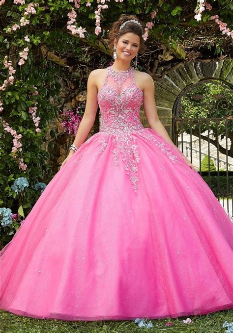Lovely Ball Gown Prom Dress Hot Pink Tulle Lace Beaded Quinceanera Dress
