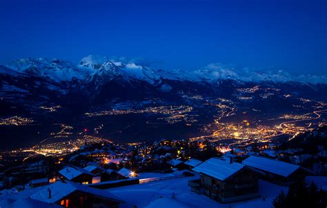 Fonds Decran Suisse Maison Hiver Montagnes Sion Nuit Neige Villes