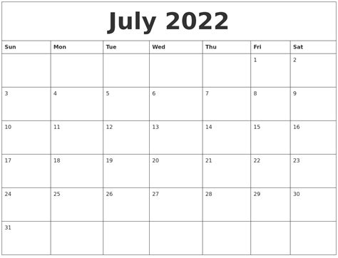 Blank Printable Calendar July 2022 Printable Blank World