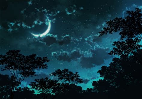 Wallpaper Anime Landscape Moon Clouds Stars Night