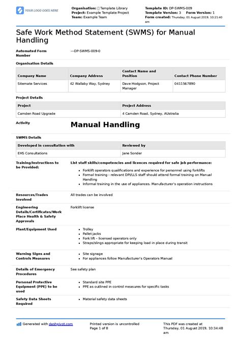 Manual Handling Safe Work Method Statement Free Editable
