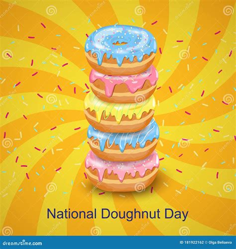 Vector Cute Card National Donut Day With Stack Of Glaze Doughnuts On