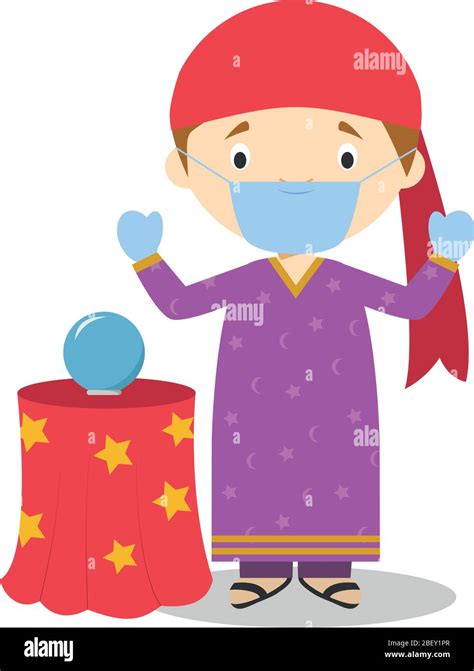 Cute Cartoon Vector Illustration Of A Fortune Teller With Surgical Mask