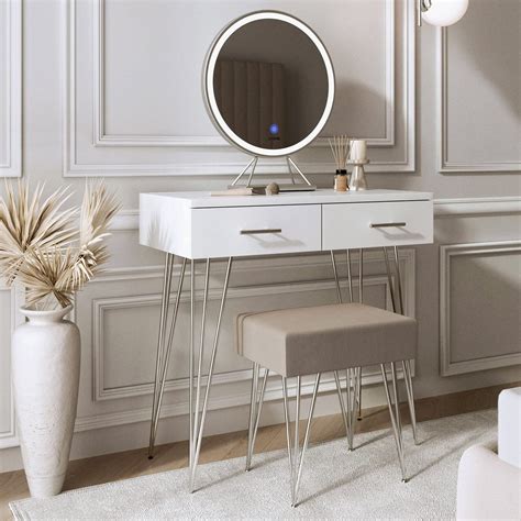 Carme Olivia White Dressing Table With Round Mirror Touch Sensor Led