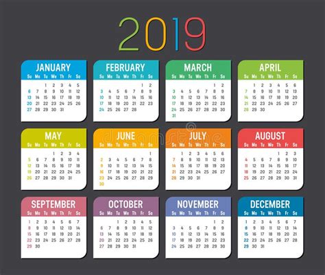 Year 2019 Calendar Vector Template Stock Vector Illustration Of