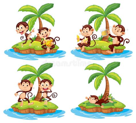 Set Of Different Isolated Islands With Monkey Cartoon Characters Stock